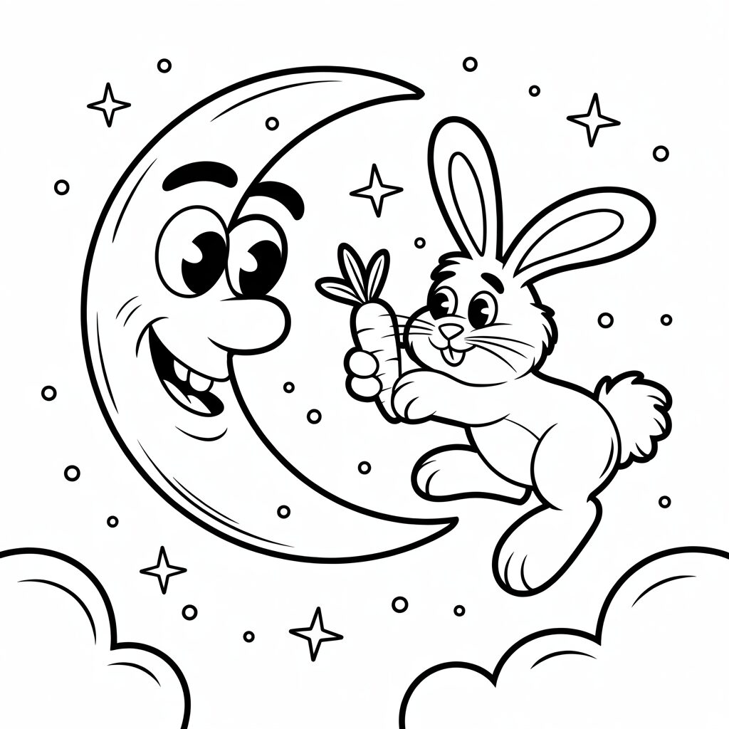 Konijn geeft wortel aan maan kleurplaat