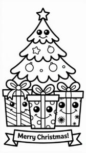 Lachende Geschenke unter dem Weihnachtsbaum – Ausmalbild