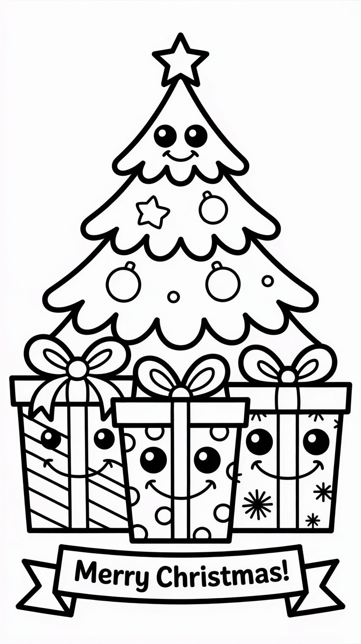 Lachende cadeautjes onder kerstboom kleurplaat