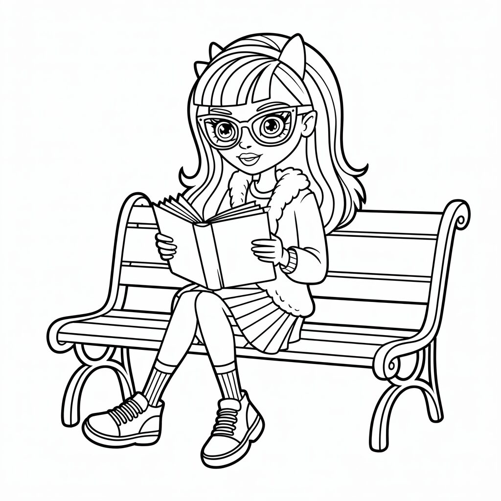 Lezend meisje op een bankje kleurplaat