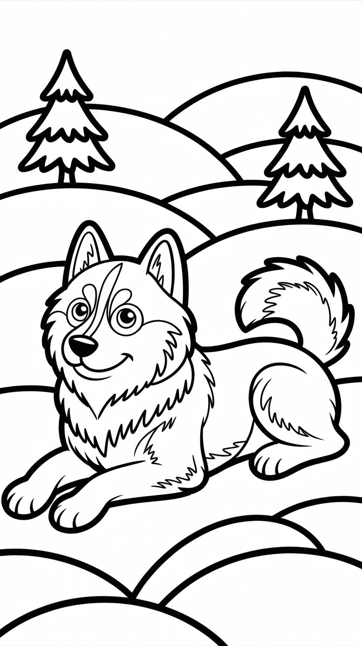 Liggende husky in de heuvels kleurplaat