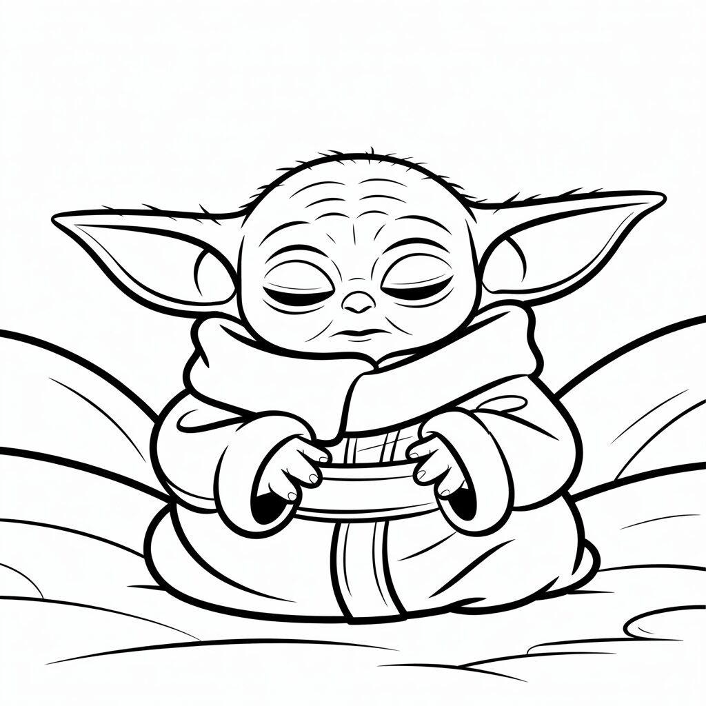 Mediterende slapende Baby Yoda kleurplaat