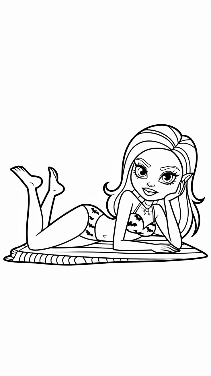 Meisje liggend op strandhanddoek kleurplaat