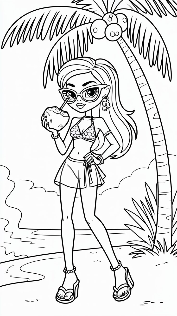 Meisje met kokosnoot onder palmboom kleurplaat