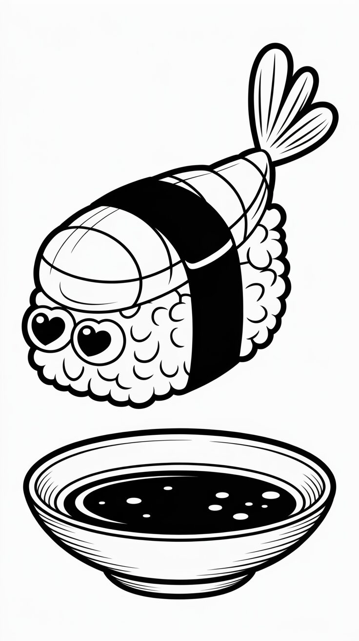 Nigiri sushi met een glimlachend gezichtje kleurplaten