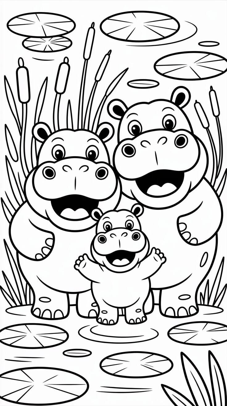 Nijlpaarden in de vijver kleurplaat