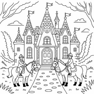 Coloring Page Horse Riding near a Castle