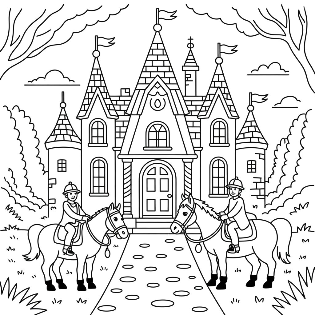 Coloring Page Horse Riding near a Castle
