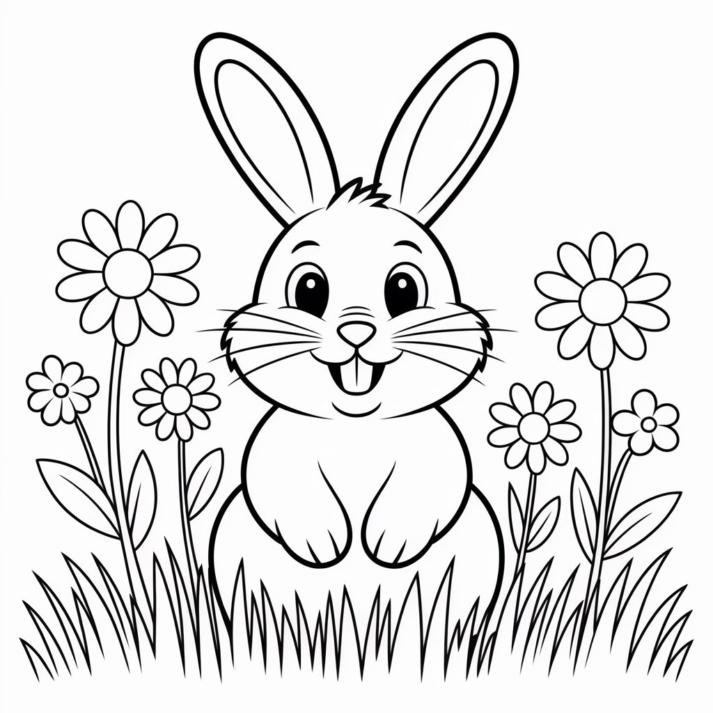 Paashaas tussen bloemen kleurplaat