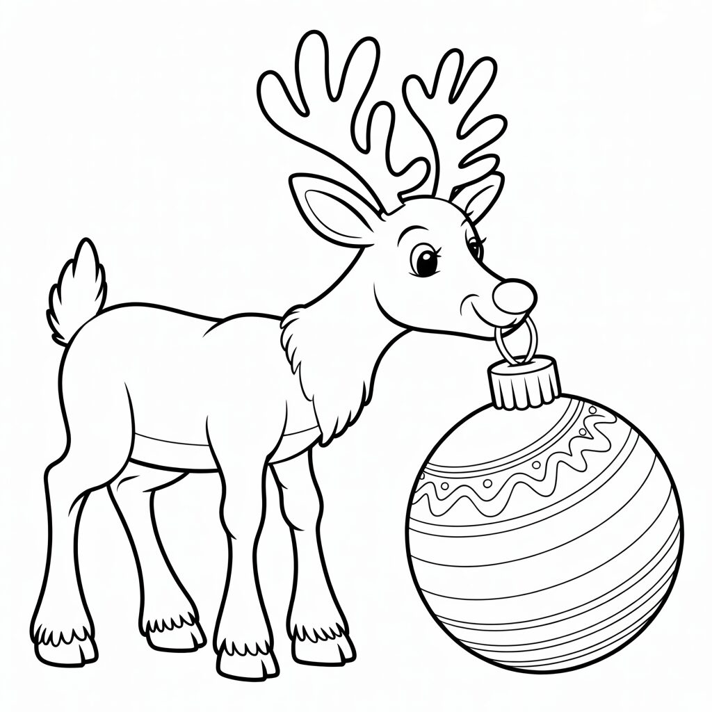 Rendier bijt in kerstbal kleurplaat