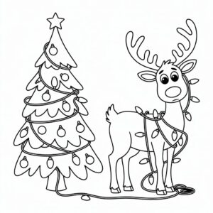 Rentier verheddert sich in Weihnachtslichtern – Ausmalbild