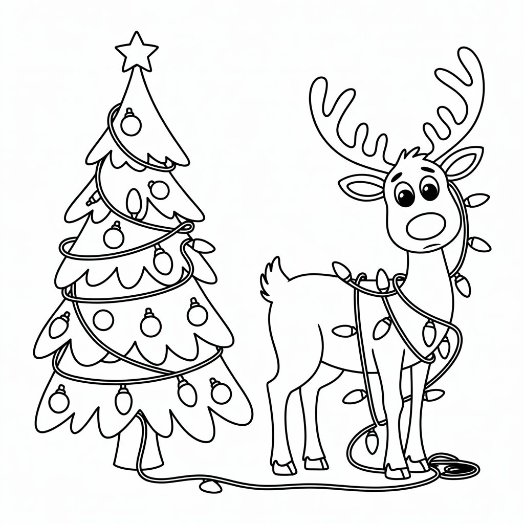Rendier vast in kerstverlichting kleurplaat