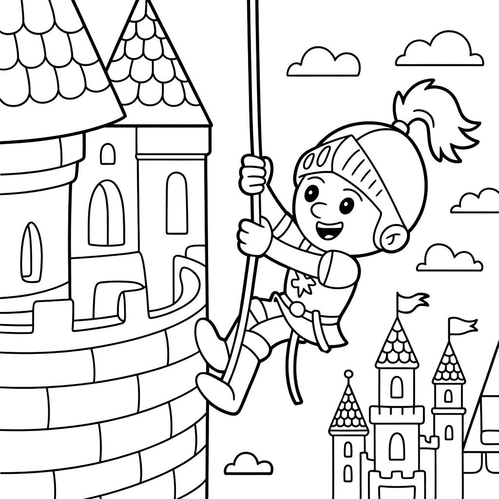 Coloring Page Knight Climbing the Tower of a Castle