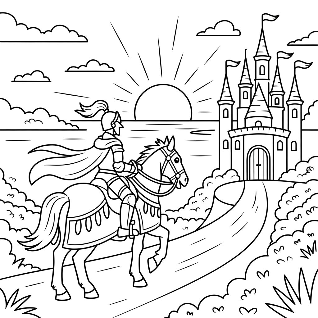 ChatGPT zei: Coloring Page Knight on Horse Riding to the Castle