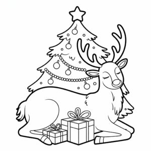 Ruhiges Rentier unter dem Weihnachtsbaum – Ausmalbild