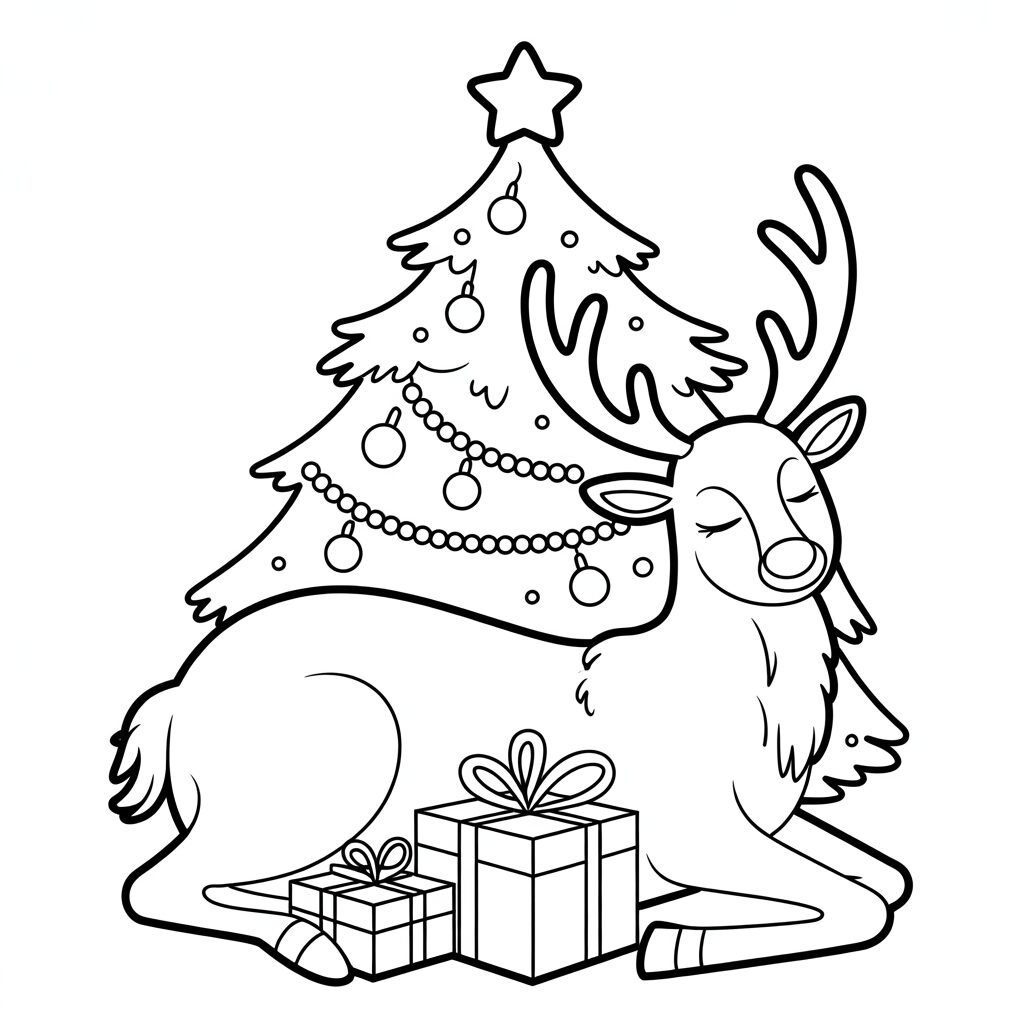 Rustige rendier onder kerstboom kleurplaat