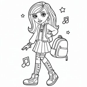 Schoolmeisje met muziek en rugzak kleurplaat