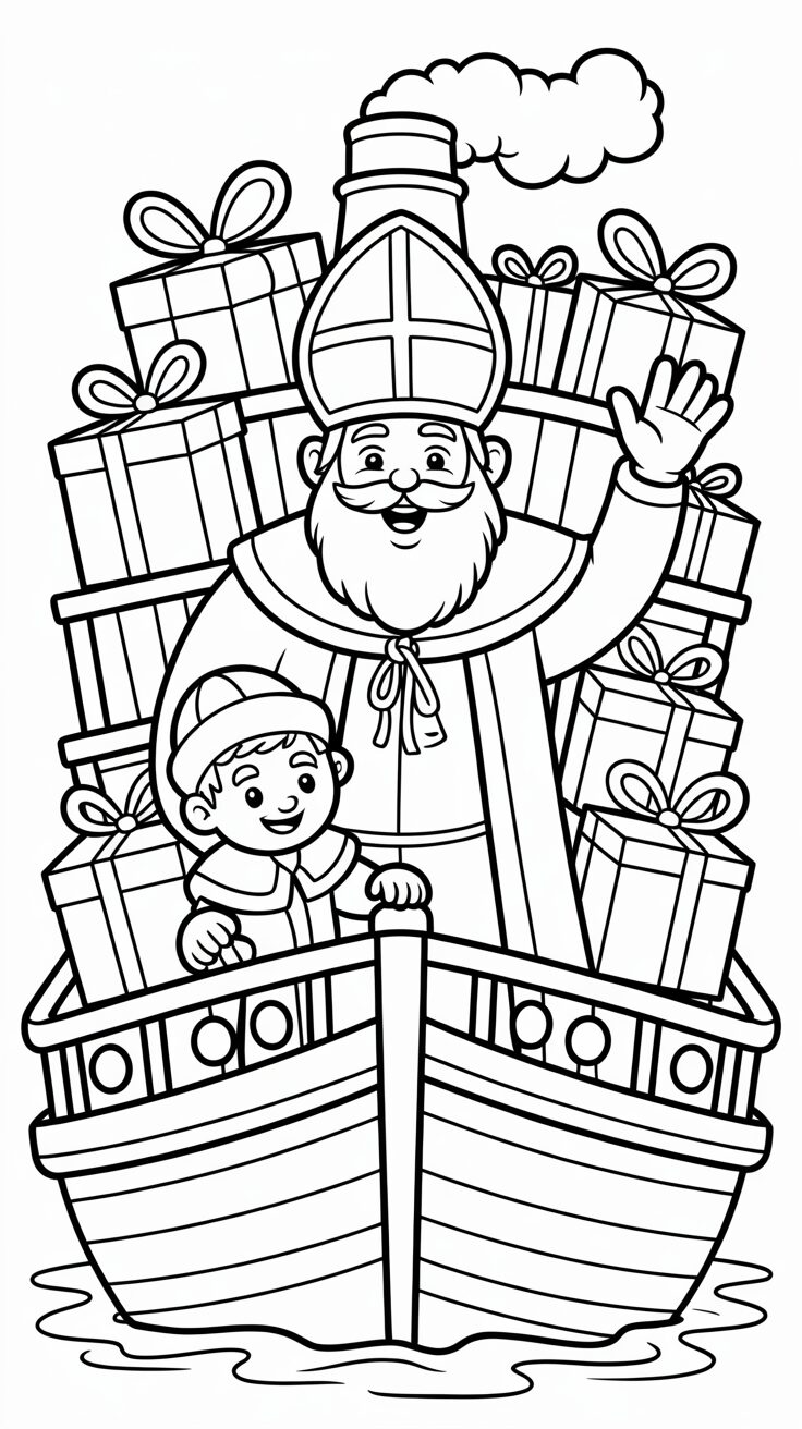 Sinterklaas aankomst op stoomboot kleurplaat