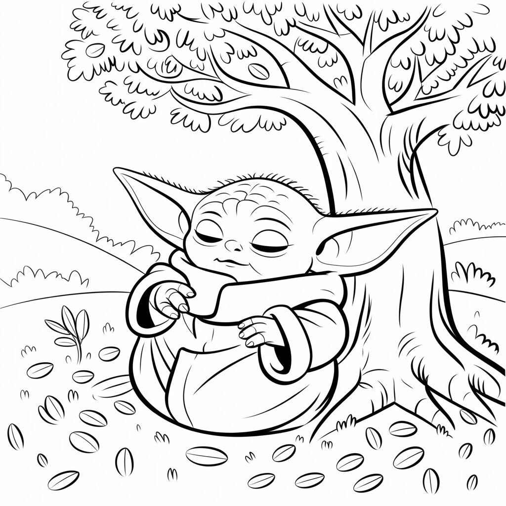 Slapende Baby Yoda onder een boom kleurplaat