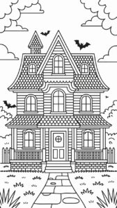 Coloriage de maison hantée pour Halloween – gratuit à imprimer.