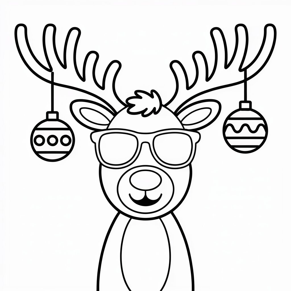 Stoere rendier met kerstballen kleurplaat