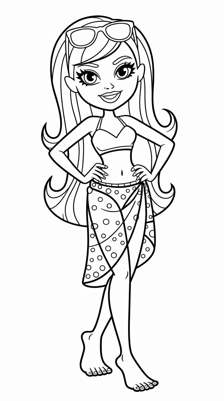 Strandmeisje met pareo en zonnebril kleurplaat