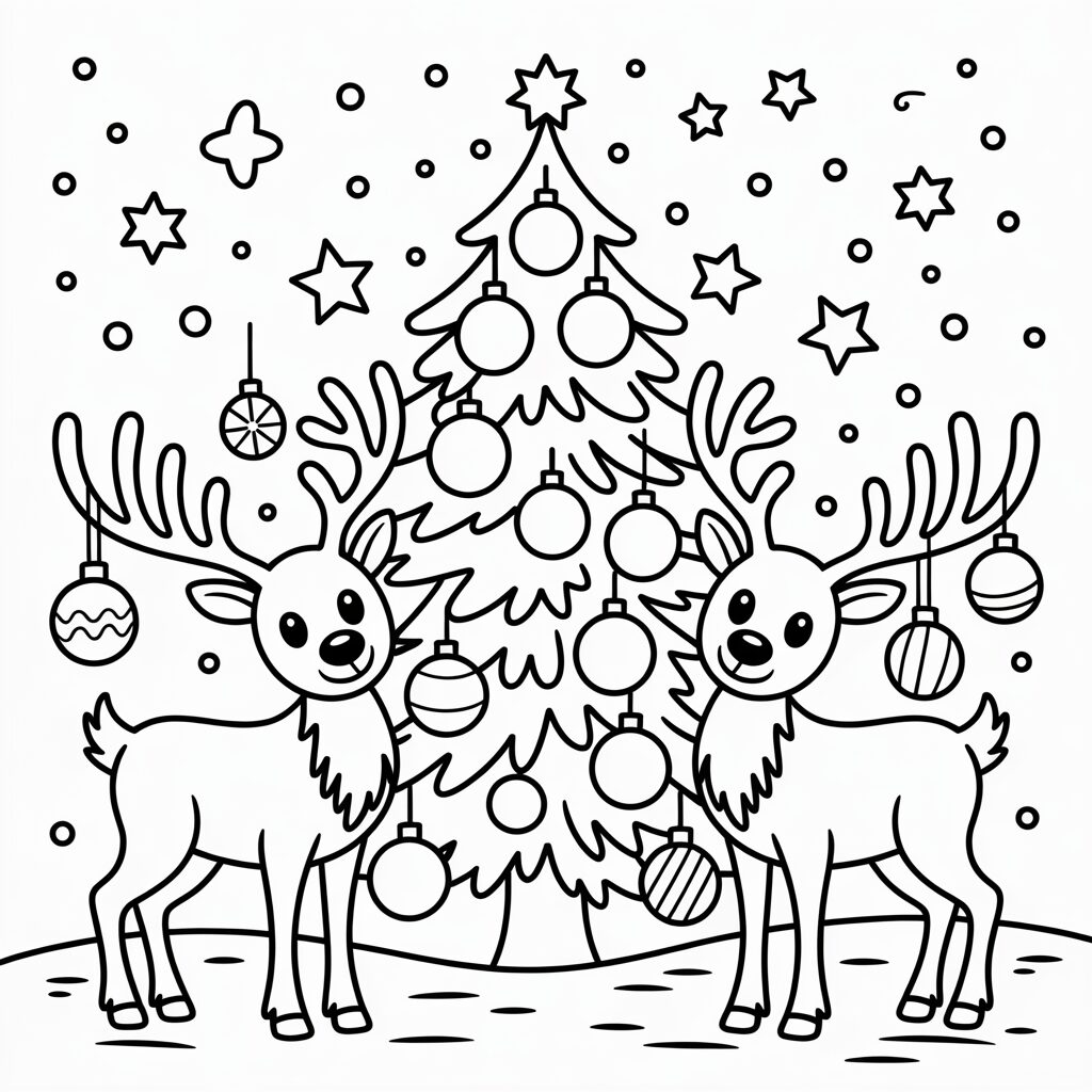 Twee rendieren en versierde kerstboom kleurplaat
