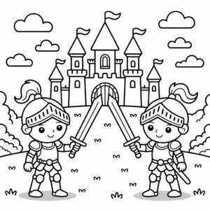 Coloring Page Two Knights Fighting near a Castle