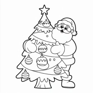 Geschmückter Weihnachtsbaum mit Weihnachtsmann – Ausmalbild