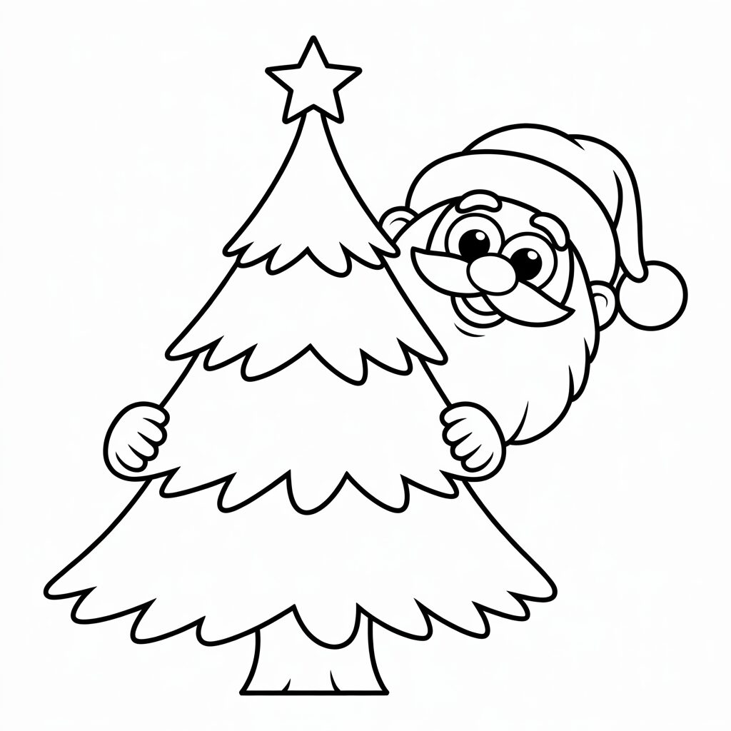 Verstopte kerstman achter boom kleurplaat