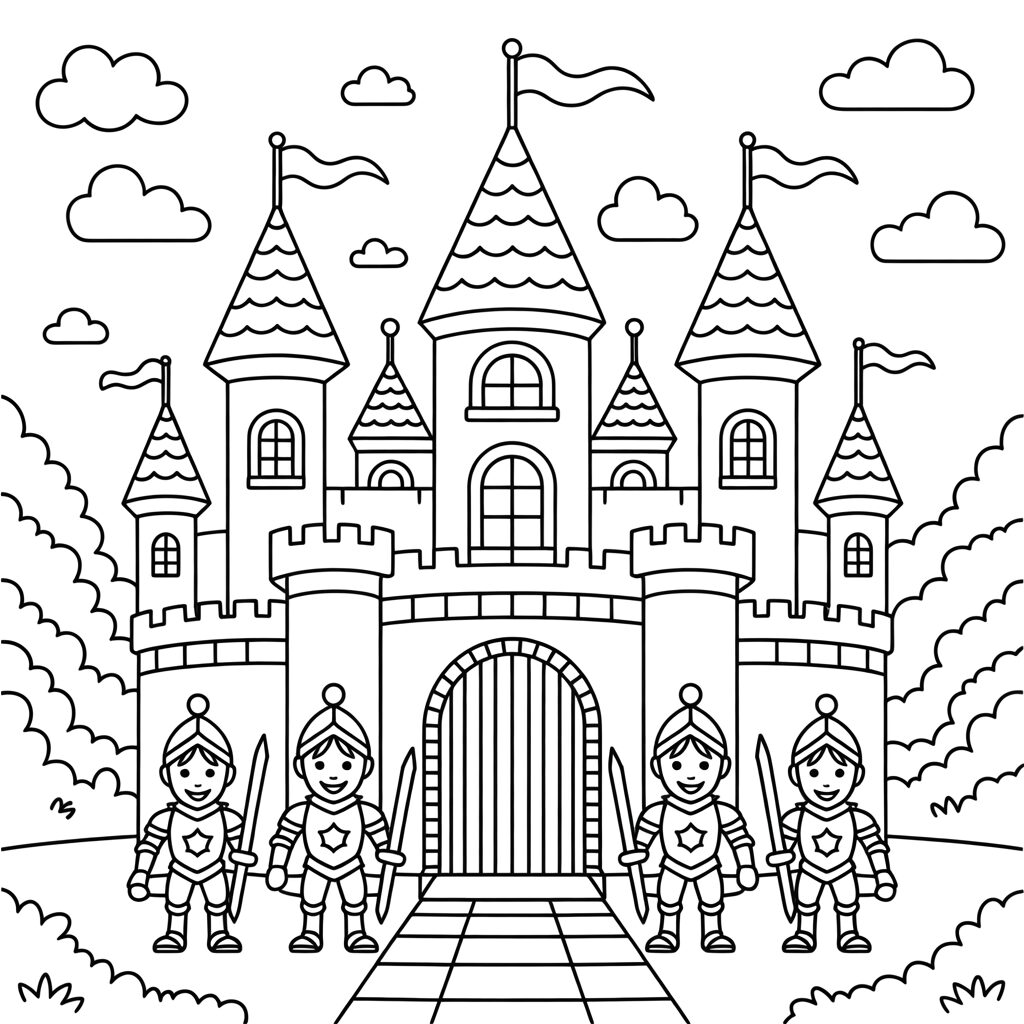 Coloring Page Four Knights in Front of a Large Castle