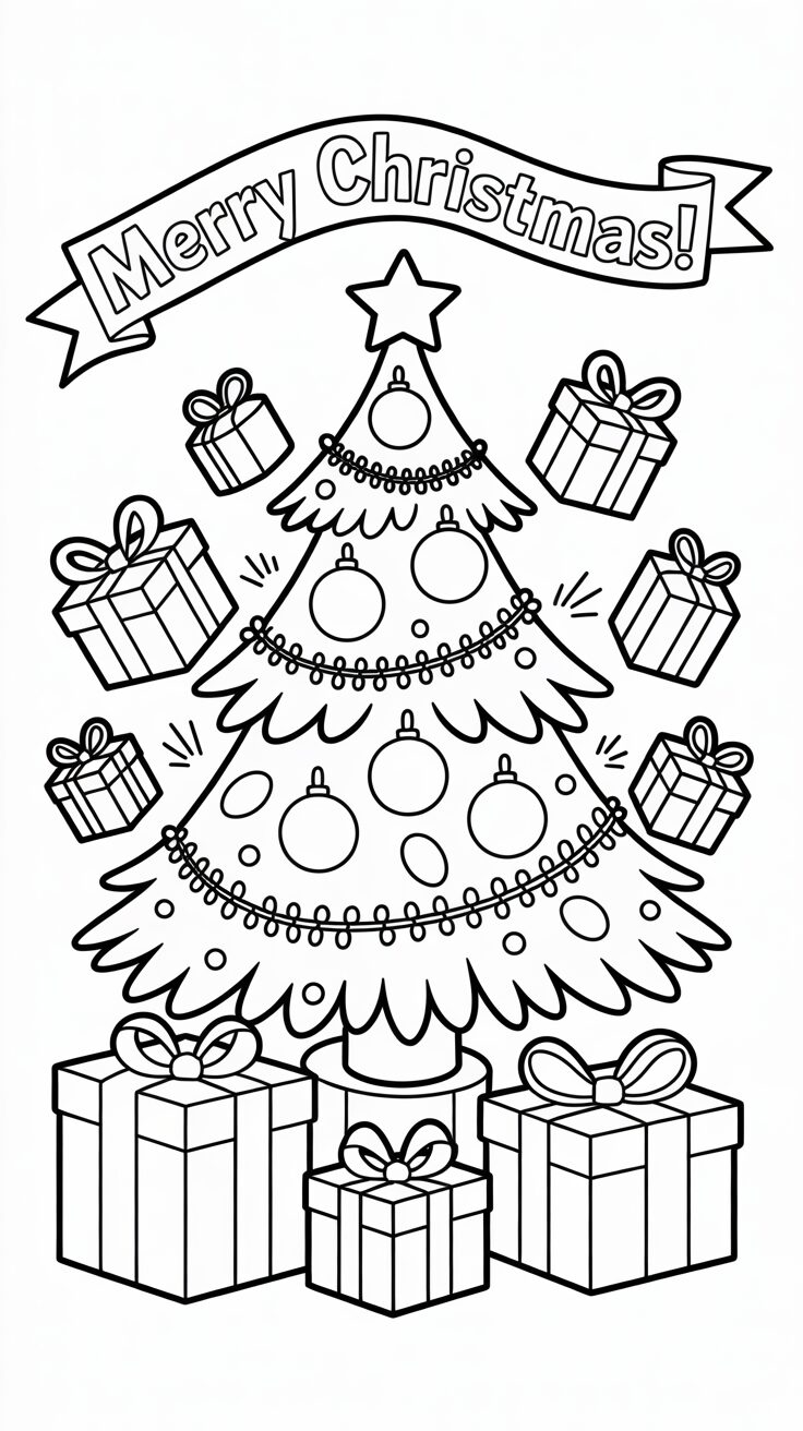 Vliegende cadeautjes rond kerstboom kleurplaat