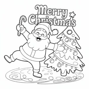 Fröhlicher Weihnachtsmann und Baum – Ausmalbild