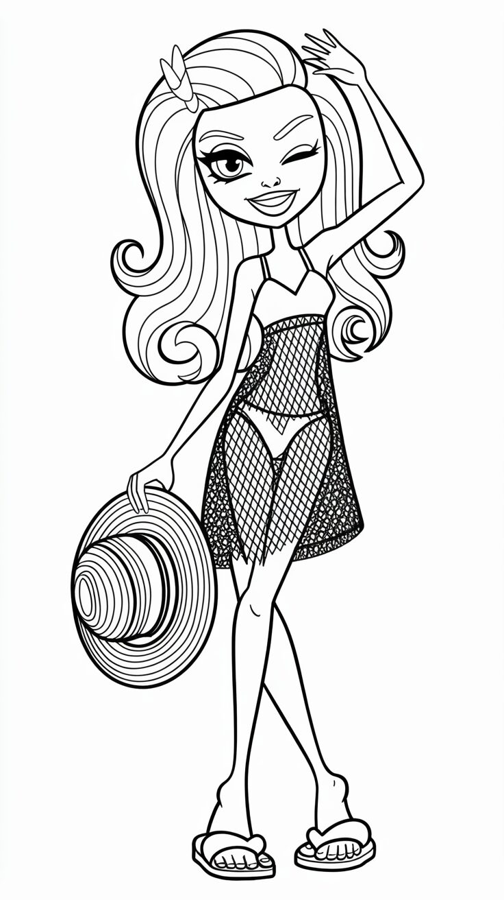 Winkend meisje met strandhoed kleurplaat