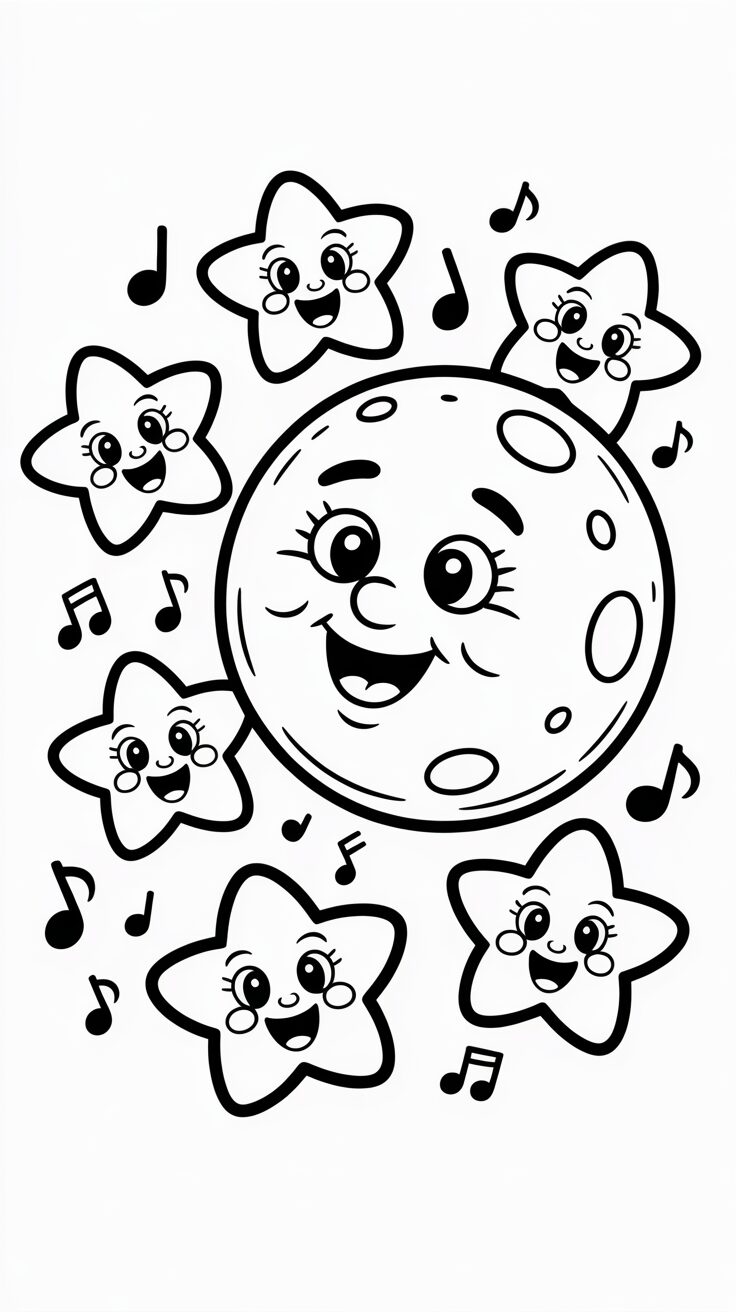 Zingende maan met sterren kleurplaat