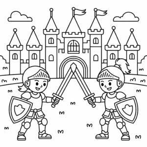 Coloring Page Sword Fight near a Castle