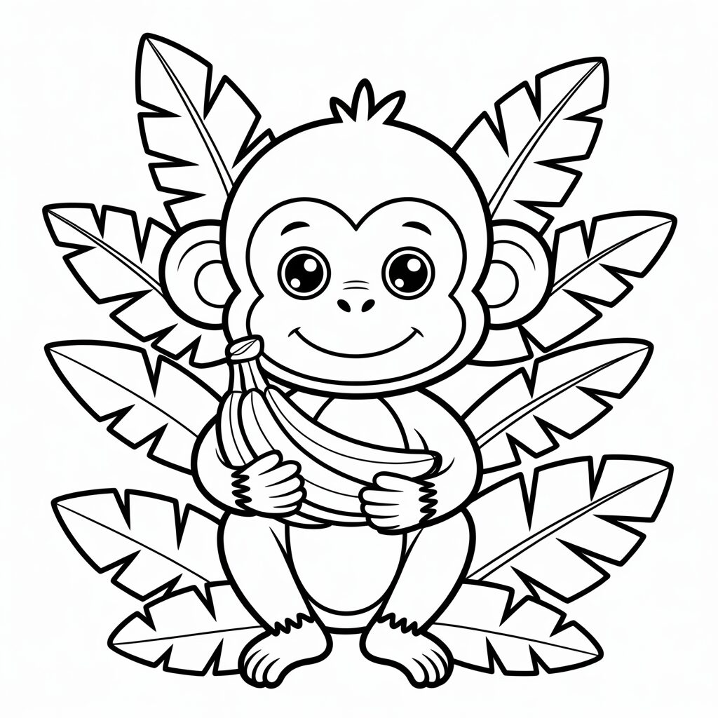 Affe mit Bananen im Urwald – Ausmalbild kostenlos verfügbar