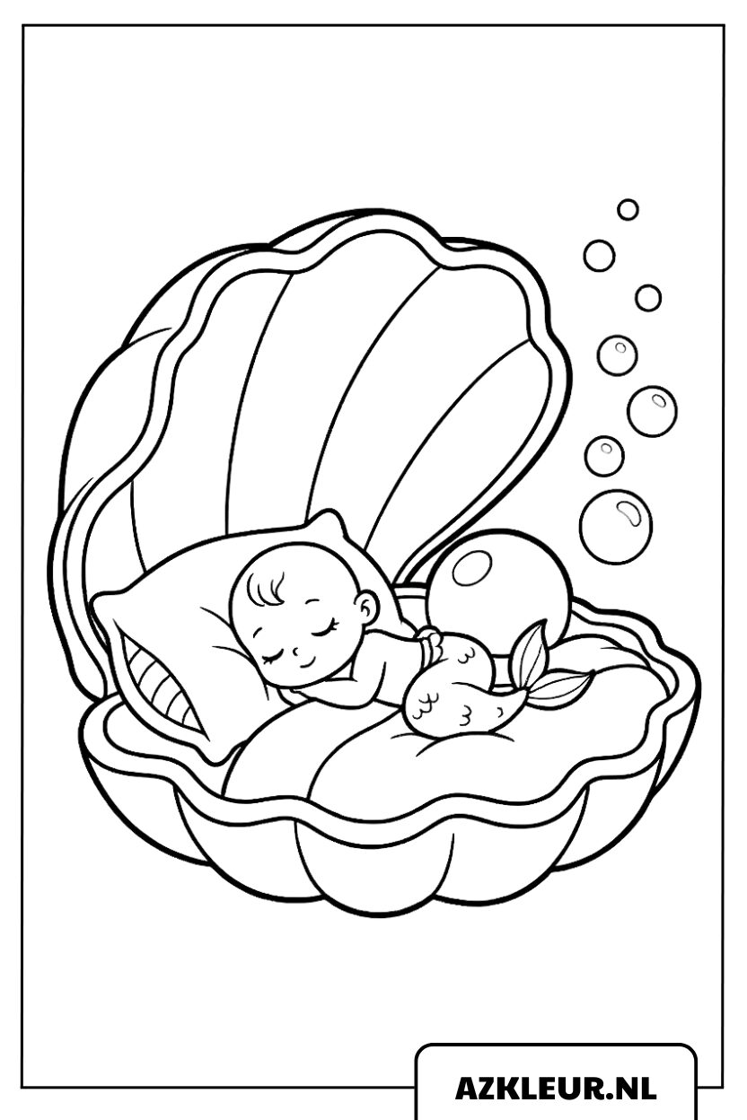 Baby zeemeermin slaapt in schelp kleurplaat.jpg