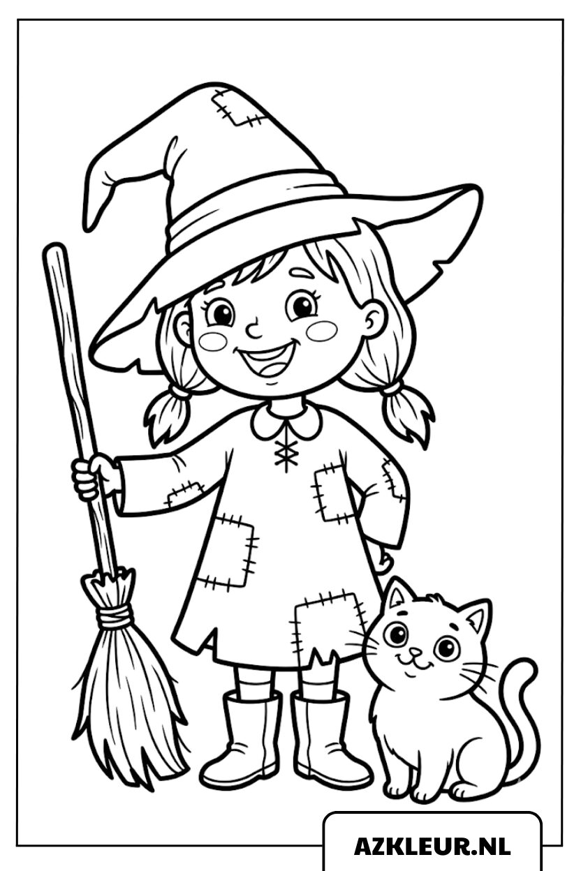 Heksje met bezem en kat kleurplaat.jpg