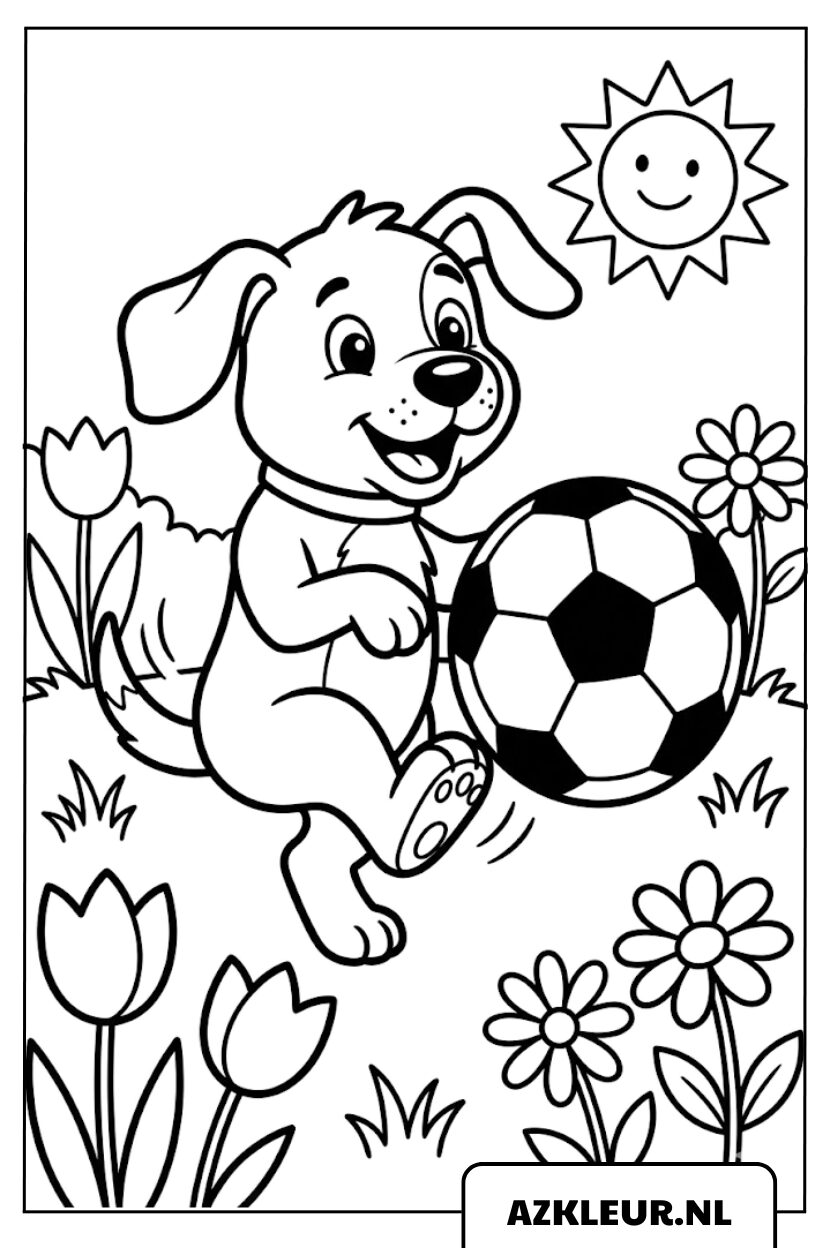 Hond speelt met voetbal kleurplaat.jpg