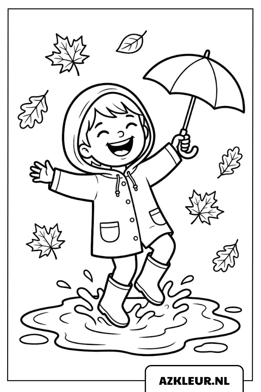 Kind speelt in regen herfst kleurplaat.jpg