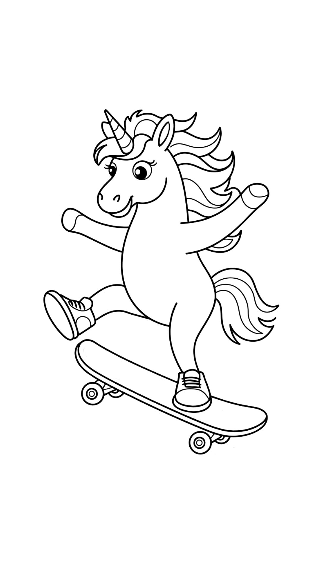 Kleurplaat Actieve Eenhoorn op een Skateboard