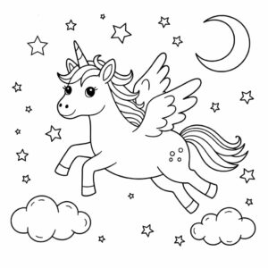 Página para colorear: Unicornio que vuela por el cielo estrellado