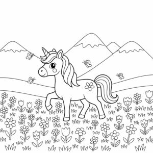 Página para colorear: unicornio en un campo de flores