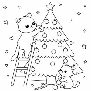 Kleurplaat Katten die de Kerstboom Versieren