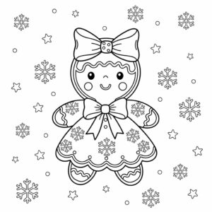 Kleurplaat Kerstpop met Strik en Sneeuwvlokken