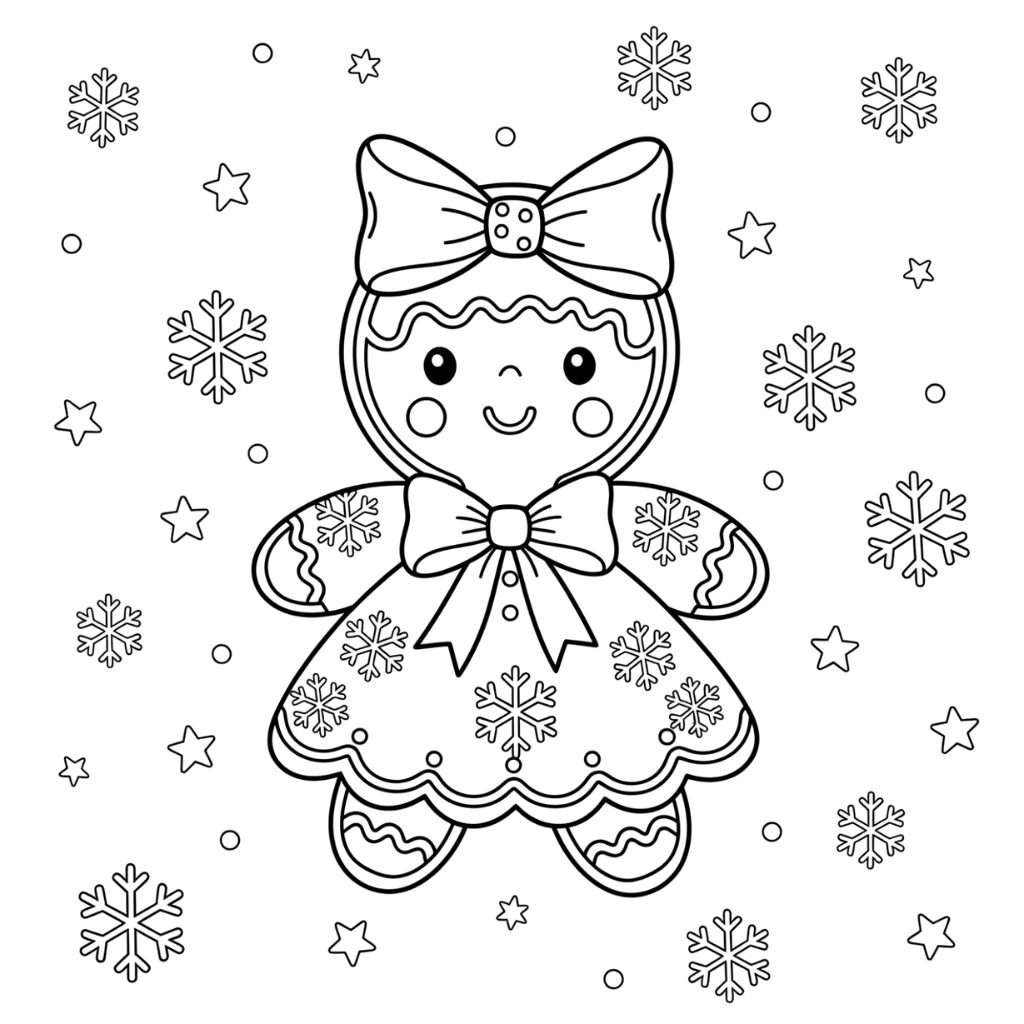 Kleurplaat Kerstpop met Strik en Sneeuwvlokken