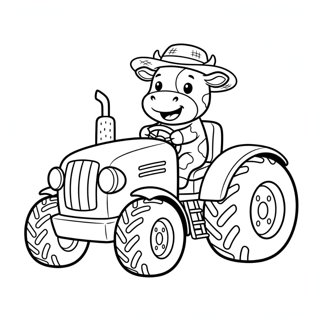 Kleurplaat Koe die een Tractor Bestuurt