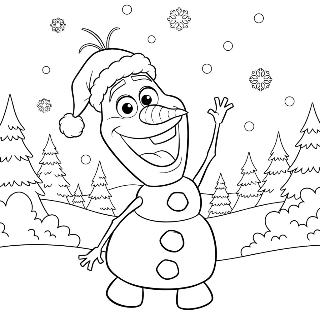 Kleurplaat Olaf de Sneeuwpop in een Winters Bos