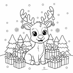 Kleurplaat Schattig Kerstrendier met Kerstcadeaus